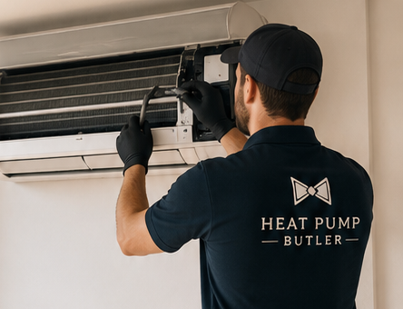 Heat Pump Butler technician cleaning a wall-mounted mini-split